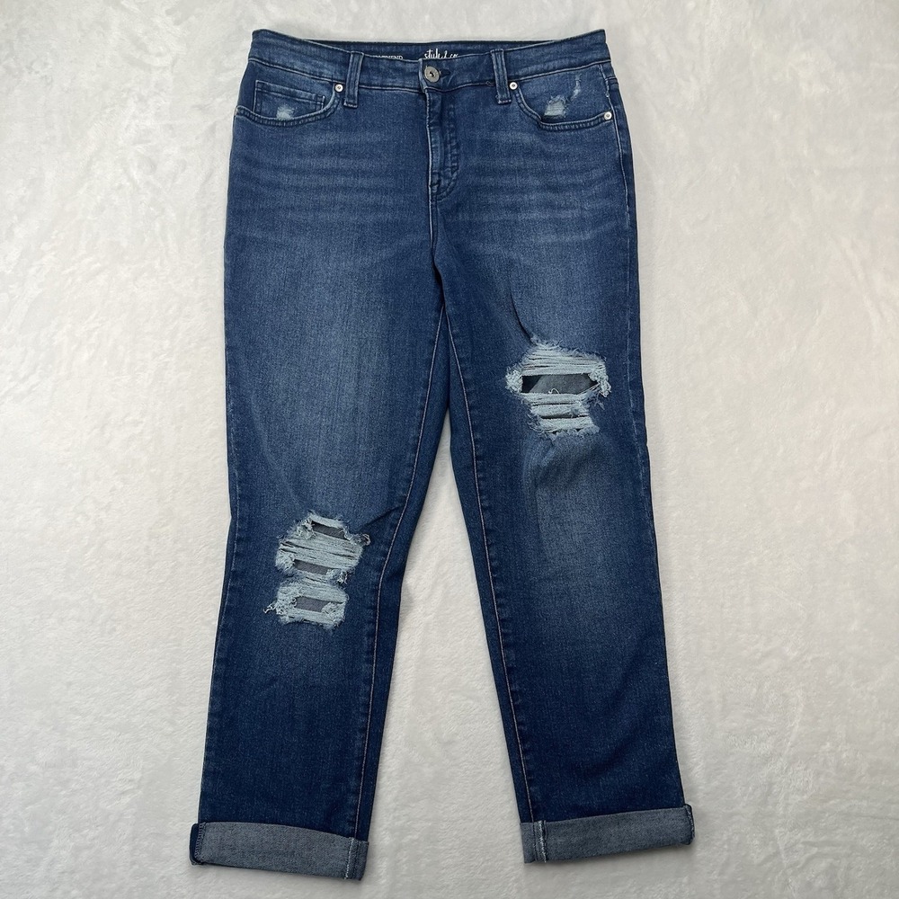 Style & Co Curvy Girlfriend Jeans Womens 8 Medium Wash Distressed Cuffed
